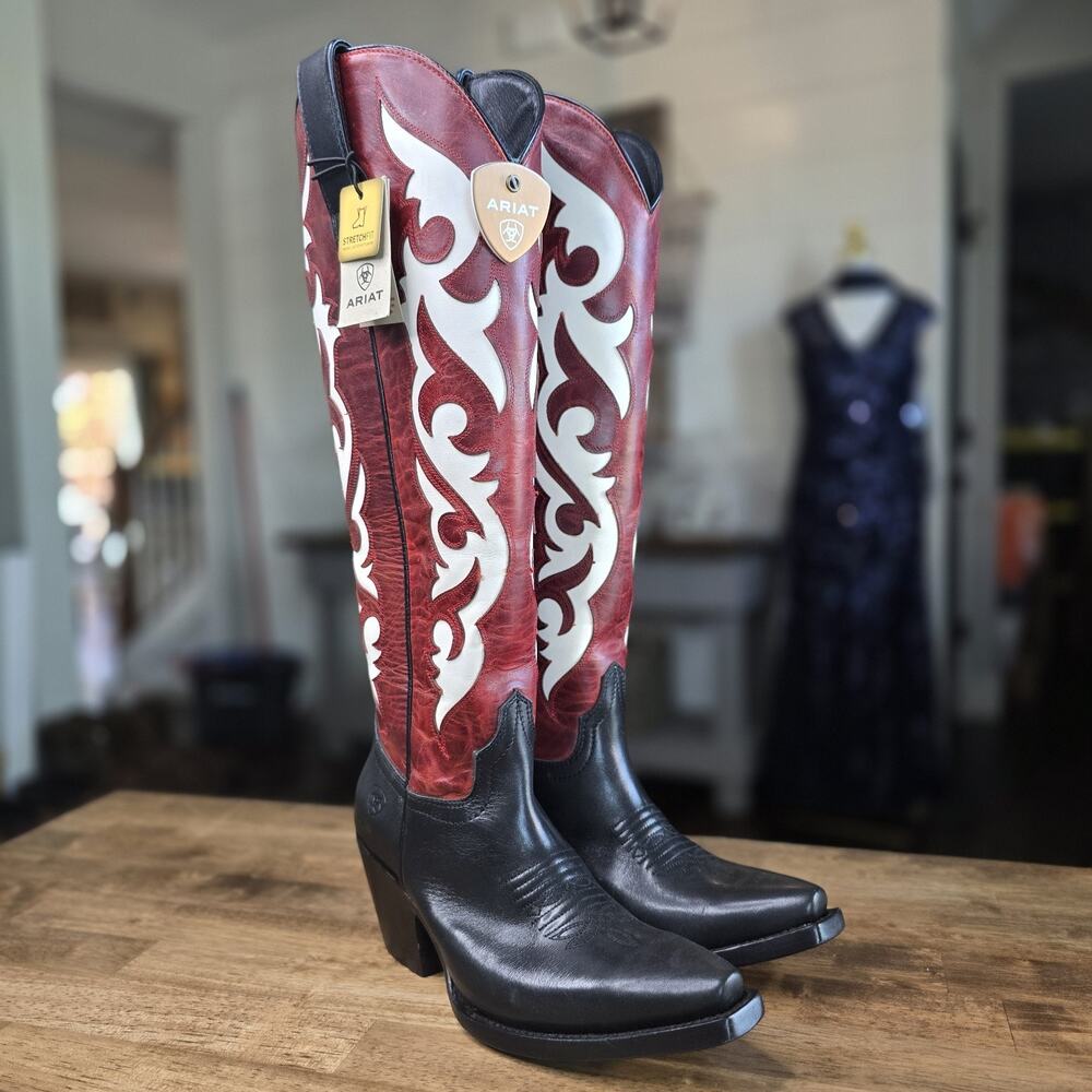 Ariat Elvira Stretchfit 6 Black and Red Western Boots Womens Leather Cowgirl NWT